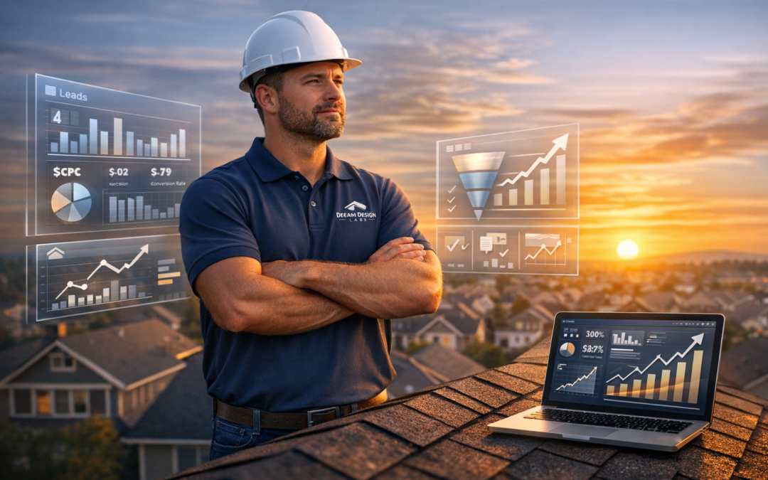 Man in hard hat with crossed arms, standing on a rooftop, overlooking a sunset view, with digital marketing analytics and graphs displayed around him, representing Dream Design Labs' focus on structured growth for roofing companies.