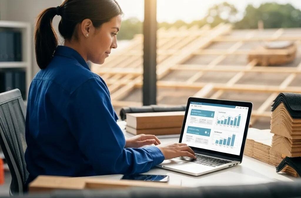 Woman in blue shirt using laptop to analyze digital marketing data for roofing business, with construction materials in background.
