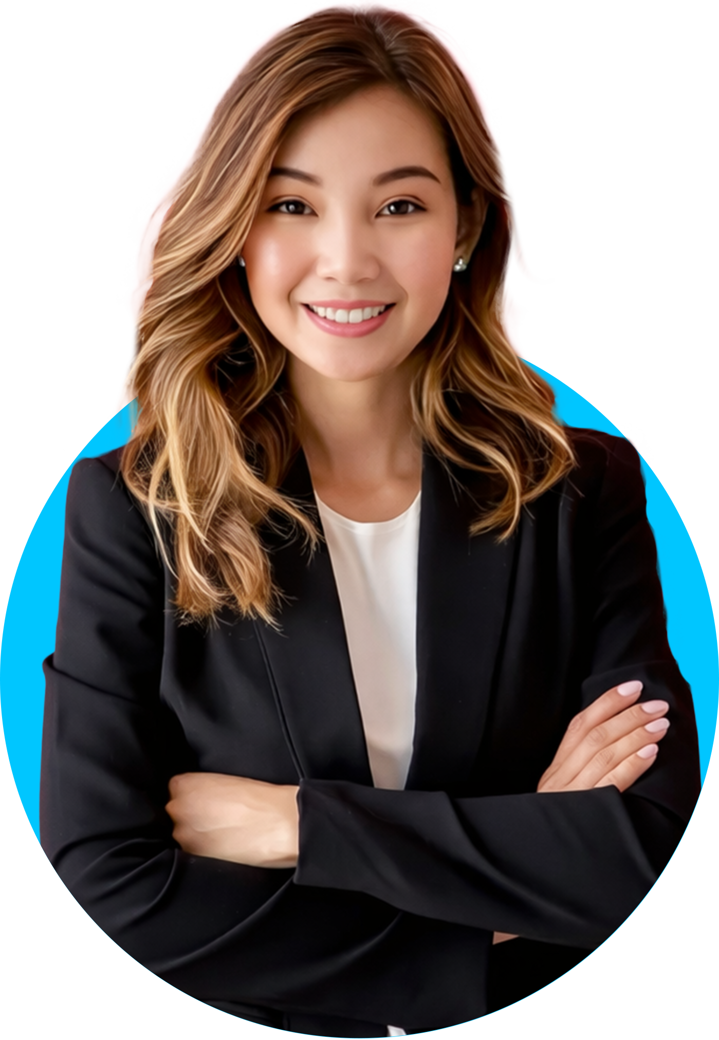 Ivy Tadle, Project Manager at Dream Design Labs, smiling with arms crossed, in a professional black blazer against a vibrant blue background.