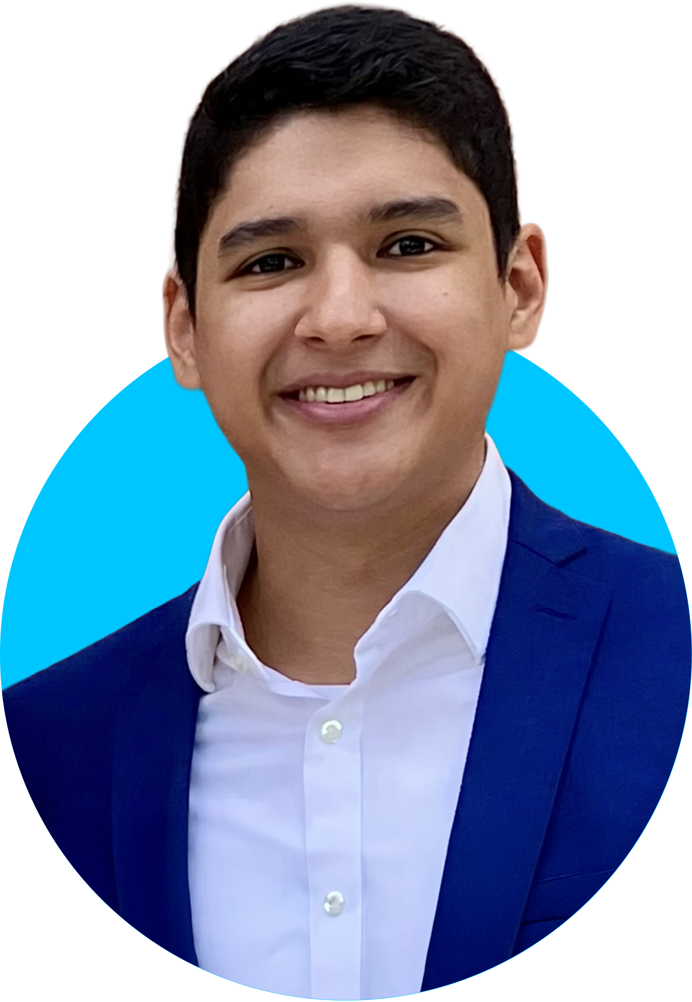 Sal Ayestas, Business Advisor at Dream Design Labs, smiling in a blue suit against a bright blue background.