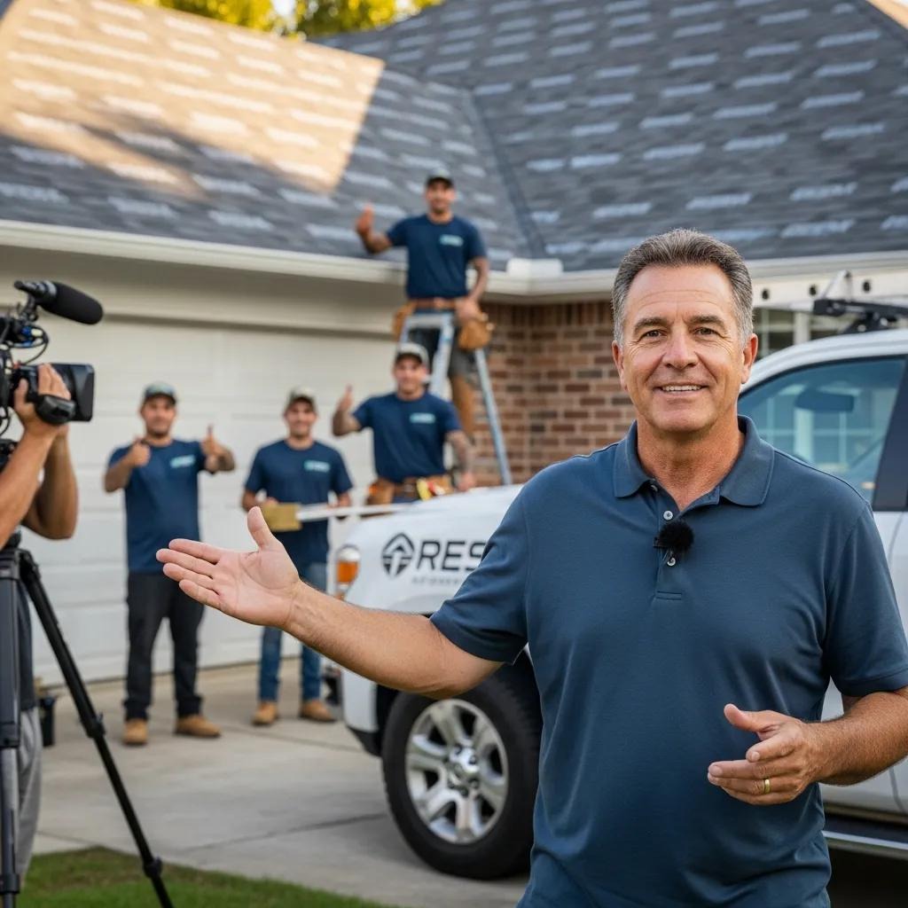 Satisfied customer sharing a testimonial in front of a completed roofing project