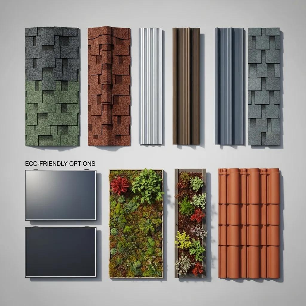 Roofing materials display including asphalt shingles, metal panels, solar tiles, and vegetated roofs, highlighting eco-friendly options and market trends in sustainable roofing solutions.