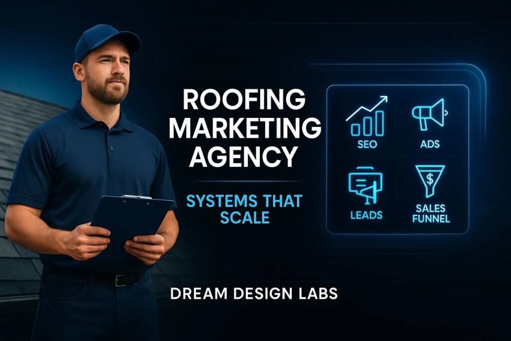 Man in blue polo shirt holding clipboard, standing in front of a roof, with text overlay "Roofing Marketing Agency" and icons representing SEO, ads, leads, and sales funnel, emphasizing marketing strategies for roofing businesses.