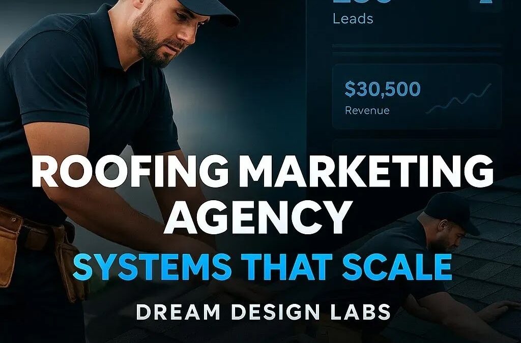 Roofing marketing agency professional working on a roof with analytics dashboard displaying leads and revenue statistics, highlighting business growth strategies for the roofing industry.
