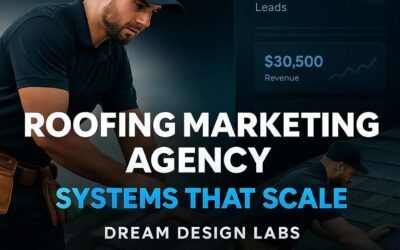 Roofing marketing agency branding with a man working on a roof, showcasing systems that scale and emphasizing revenue growth.
