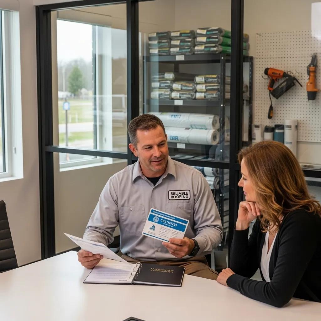 Contractor showing license and warranty information to a homeowner