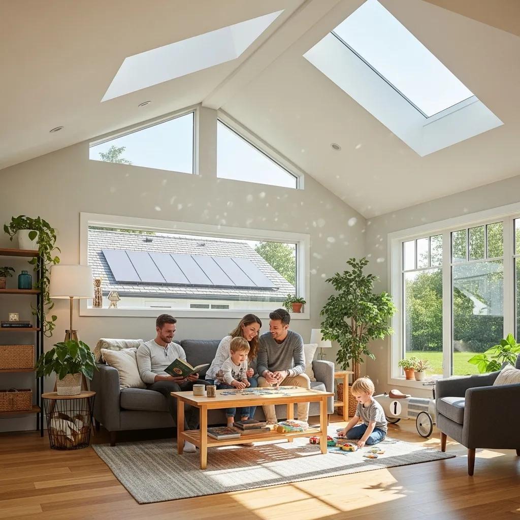 Family relaxing indoors under a home fitted with energy-efficient roofing features