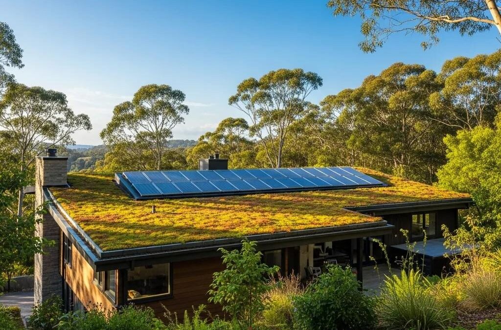 Contemporary house featuring a green roof, showcasing sustainable roofing solutions