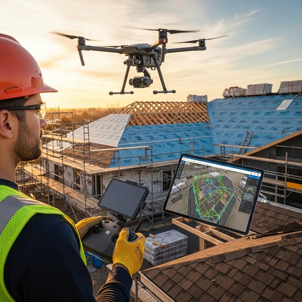 Contractor piloting a drone for a roof inspection while viewing 3D models on a tablet